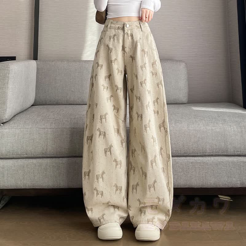 Vintage Horse Jacquard High Waist Wide Leg Denim Pants  - Khaki - 2XL - image 4