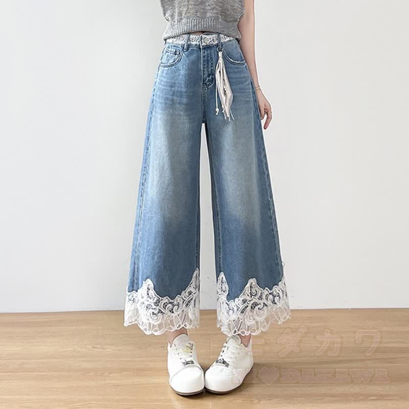 Vintage Lace Spliced Straight Leg Cropped Denim Wide Leg Pants - image 3