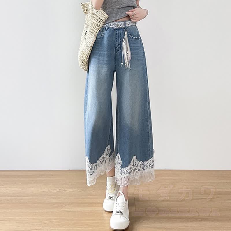 Vintage Lace Spliced Straight Leg Cropped Denim Wide Leg Pants - Blue - 2XL - image 2