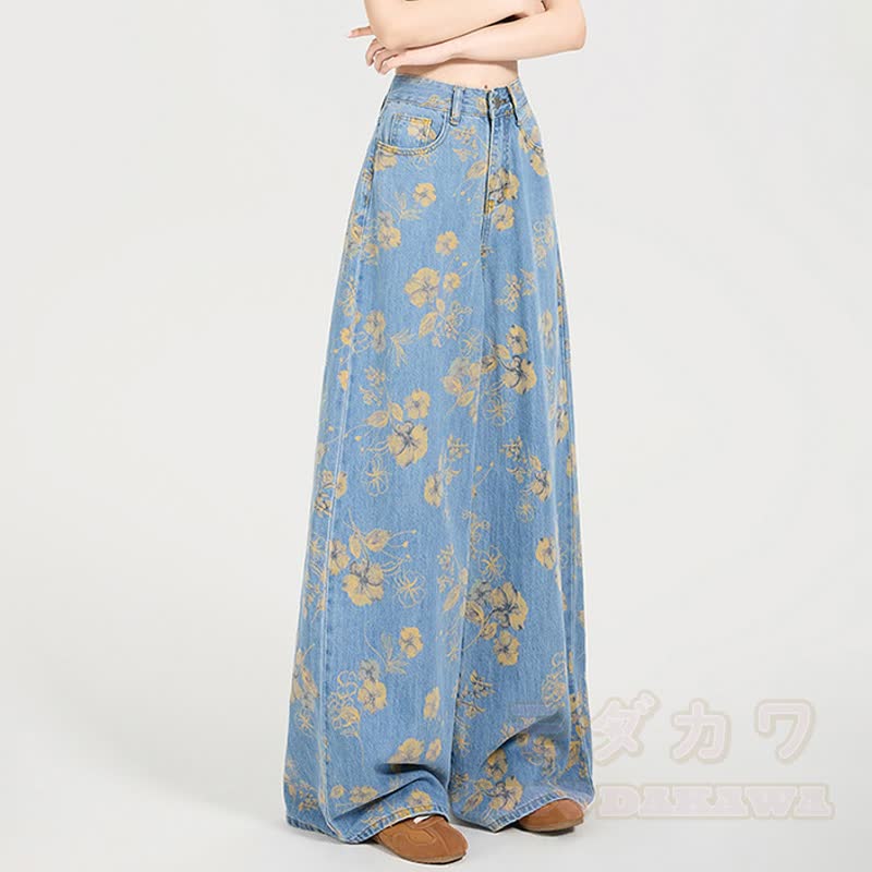 Vintage Floral Print High Waist Wide Leg Denim Pants - image 3