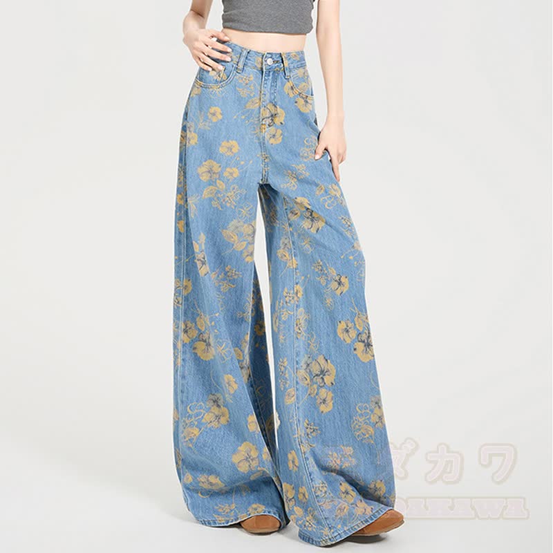 Vintage Floral Print High Waist Wide Leg Denim Pants - image 4