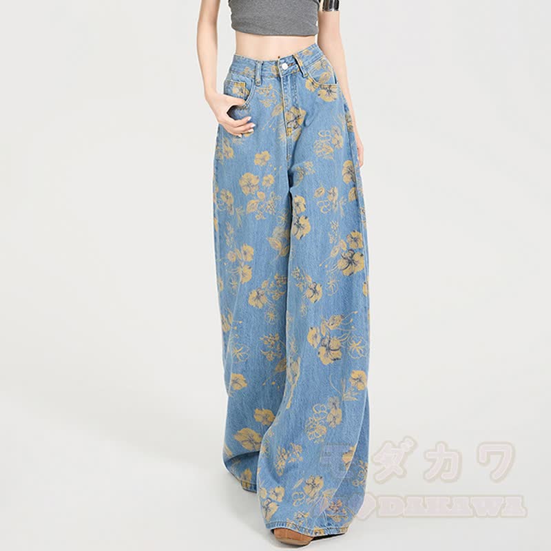 Vintage Floral Print High Waist Wide Leg Denim Pants - Blue - 2XL - image 2
