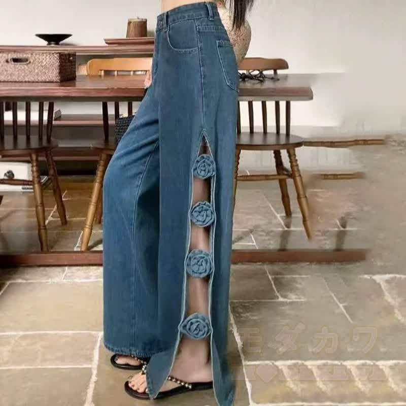 Vintage Hollow Out Floral Cut Slit Wide Leg Denim Pants - image 3
