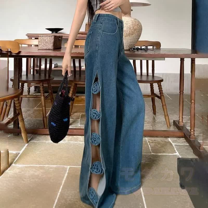 Vintage Hollow Out Floral Cut Slit Wide Leg Denim Pants - image 6