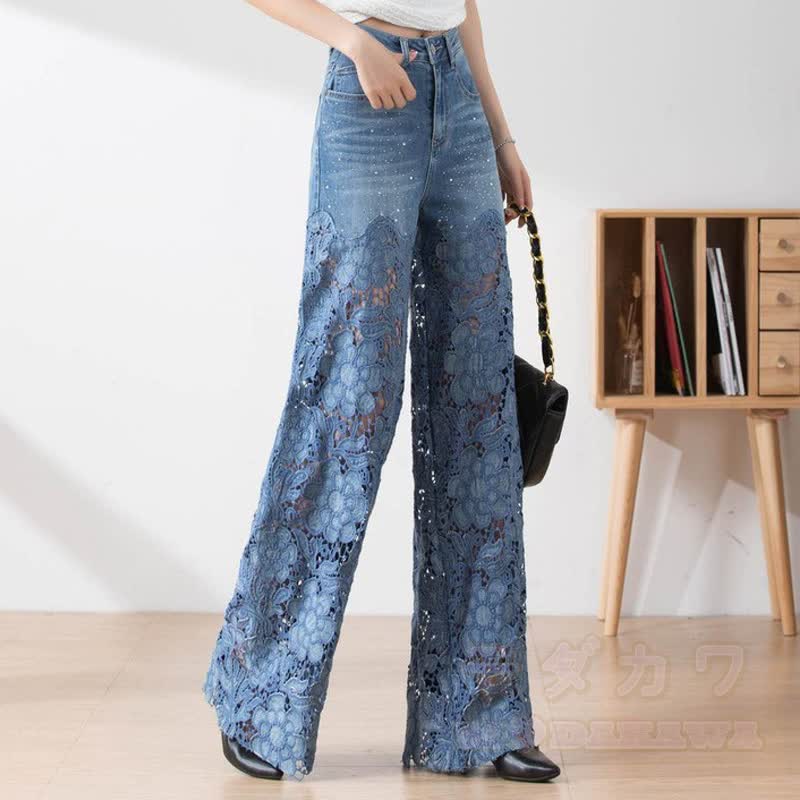 Vintage Lace Spliced High Waist Wide Leg Denim Pants - image 3