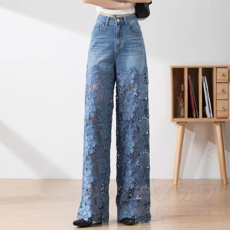 Vintage Lace Spliced High Waist Wide Leg Denim Pants - Blue - 3XL - image 2