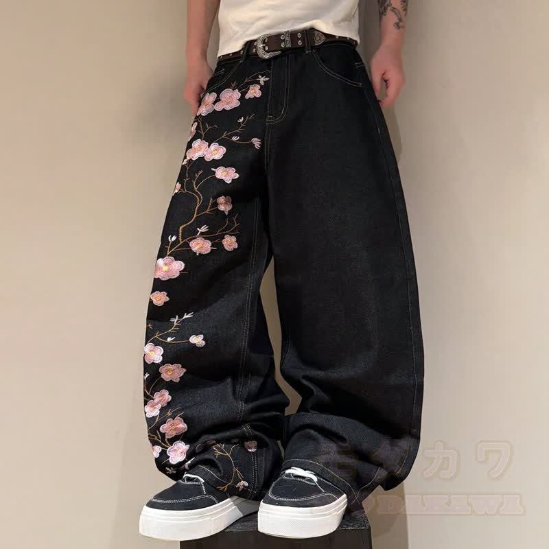 Vintage Cherry Blossom Embroidered Wide Leg Denim Jeans - image 2