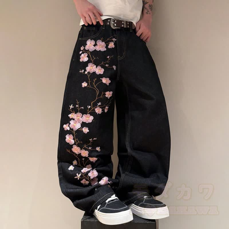 Vintage Cherry Blossom Embroidered Wide Leg Denim Jeans - image 4