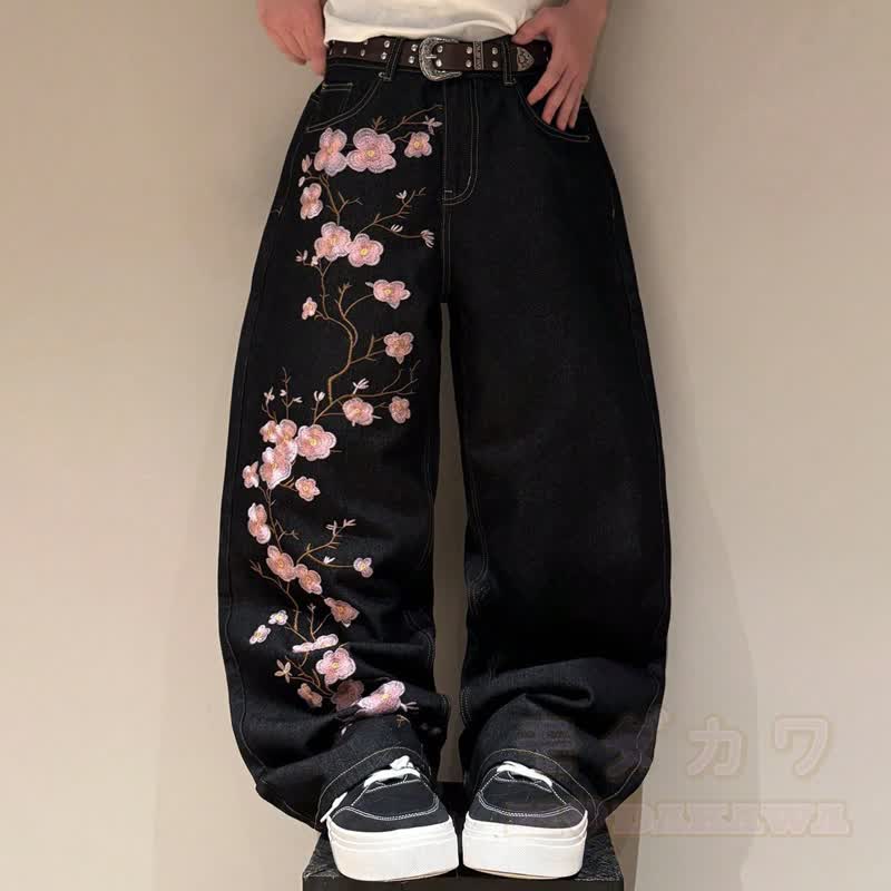 Vintage Cherry Blossom Embroidered Wide Leg Denim Jeans - image 3