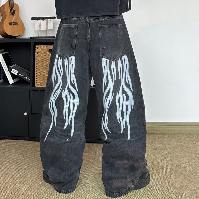Vintage Plum Blossom Ink Print Baggy Wide Leg Denim Jeans - image 5