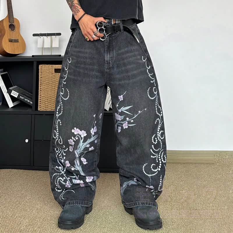 Vintage Plum Blossom Ink Print Baggy Wide Leg Denim Jeans - image 3