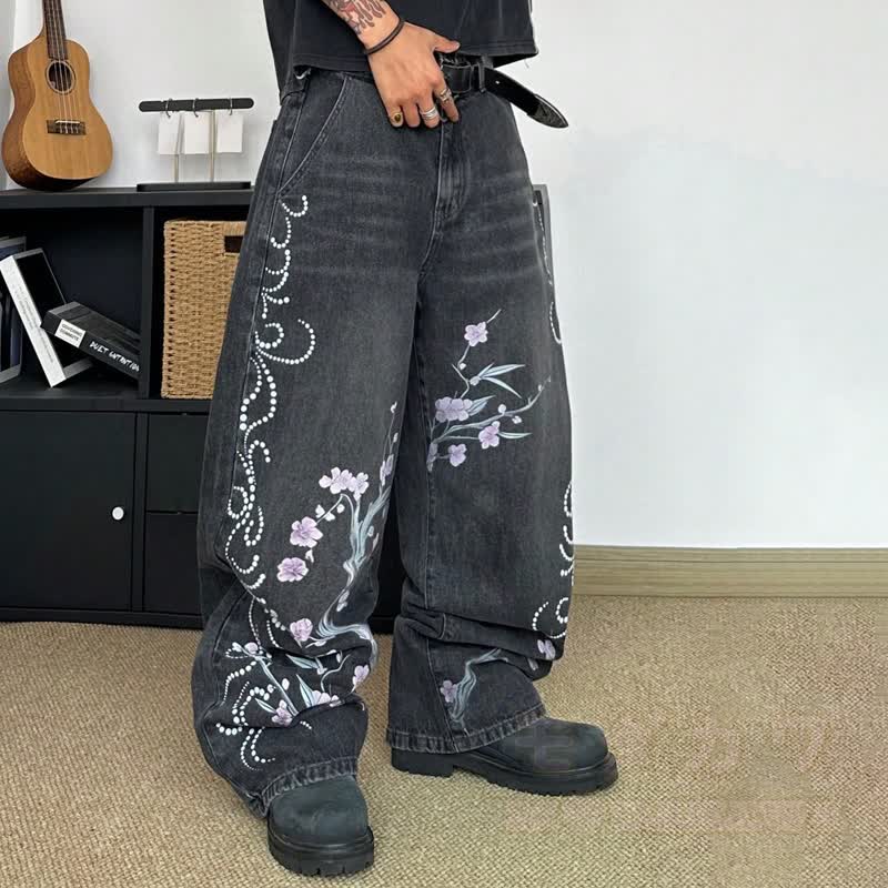 Vintage Plum Blossom Ink Print Baggy Wide Leg Denim Jeans - image 2