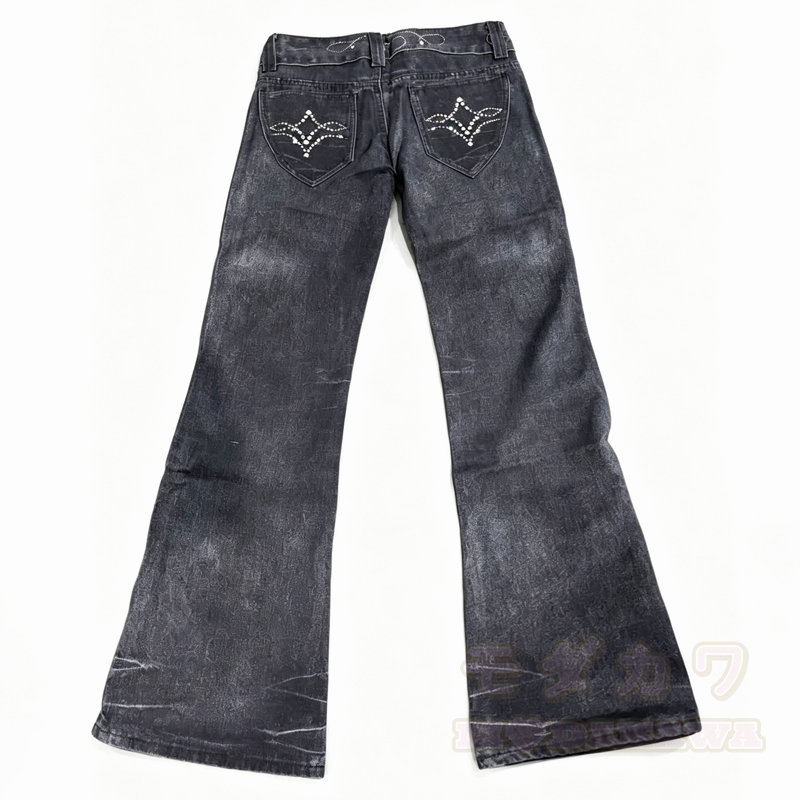 Vintage Rhinestone Pattern Print Flared Denim Jeans  - image 3