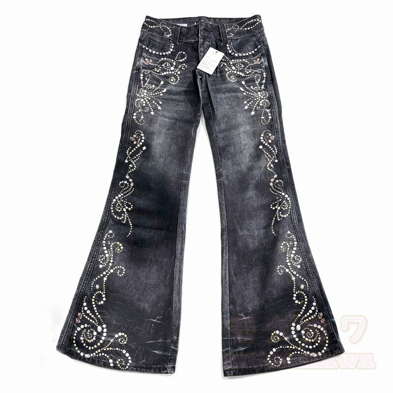 Vintage Rhinestone Pattern Print Flared Denim Jeans  - Blue - L - image 2