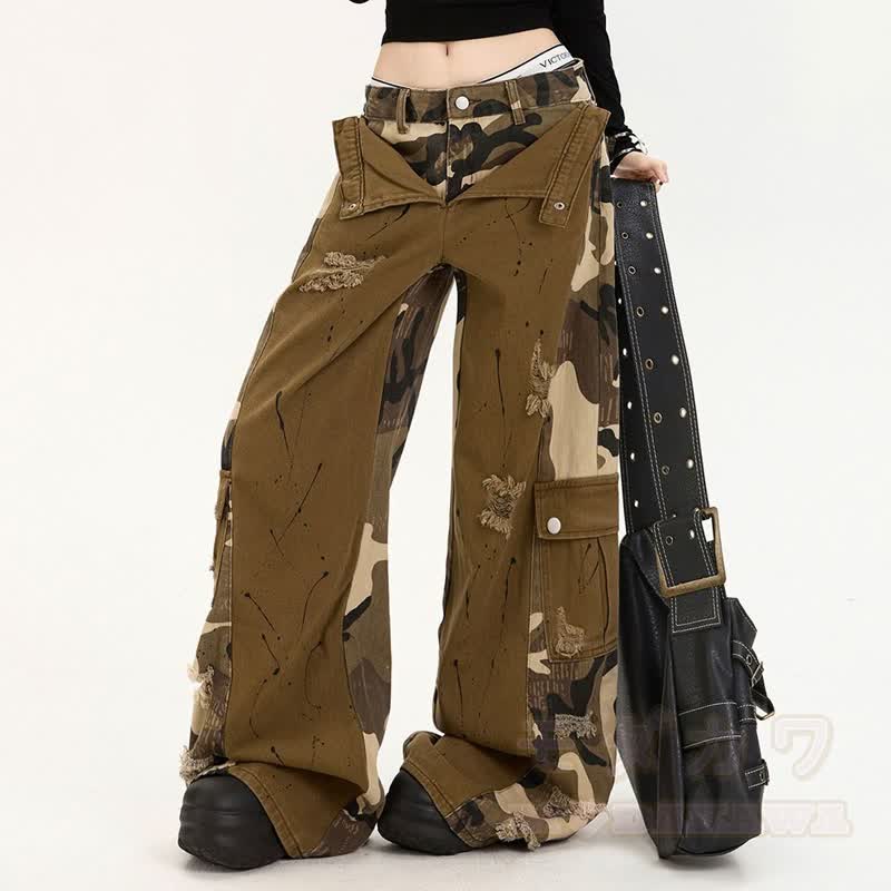 Vintage Camo Patchwork Cargo Wide Leg Denim Jeans - image 3