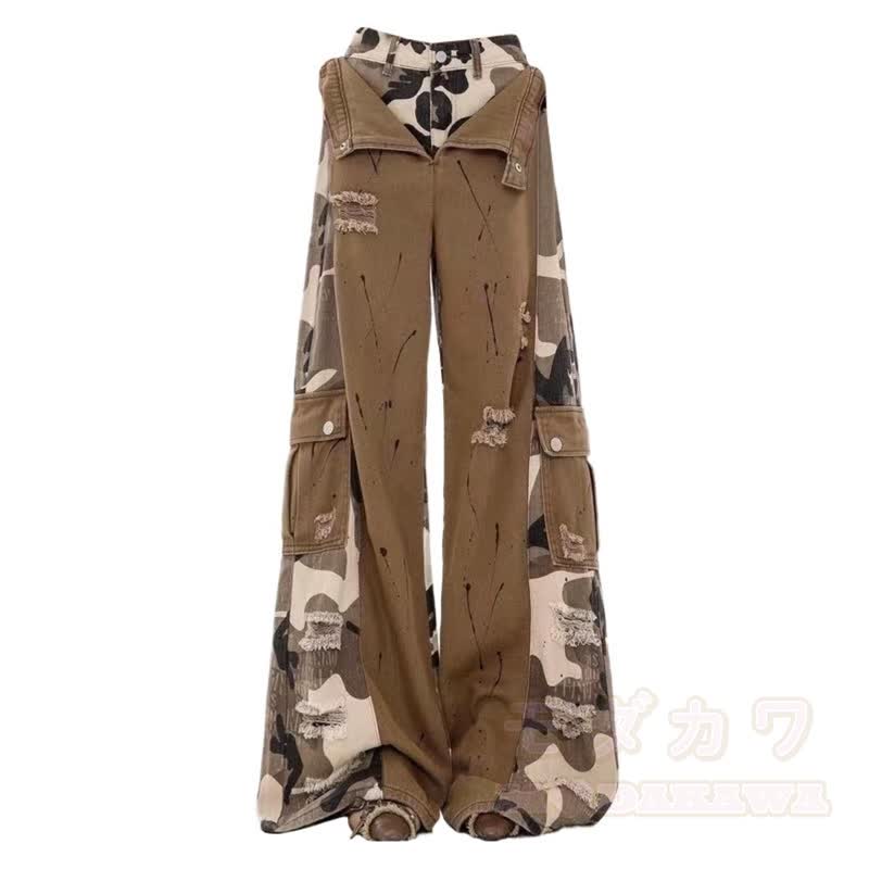 Vintage Camo Patchwork Cargo Wide Leg Denim Jeans - image 2