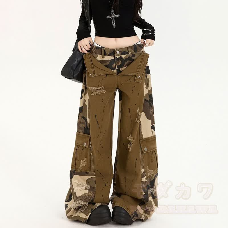 Vintage Camo Patchwork Cargo Wide Leg Denim Jeans - image 4
