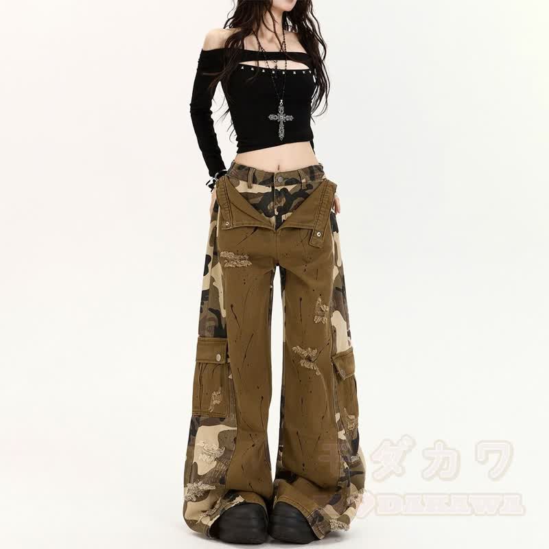 Vintage Camo Patchwork Cargo Wide Leg Denim Jeans - image 5