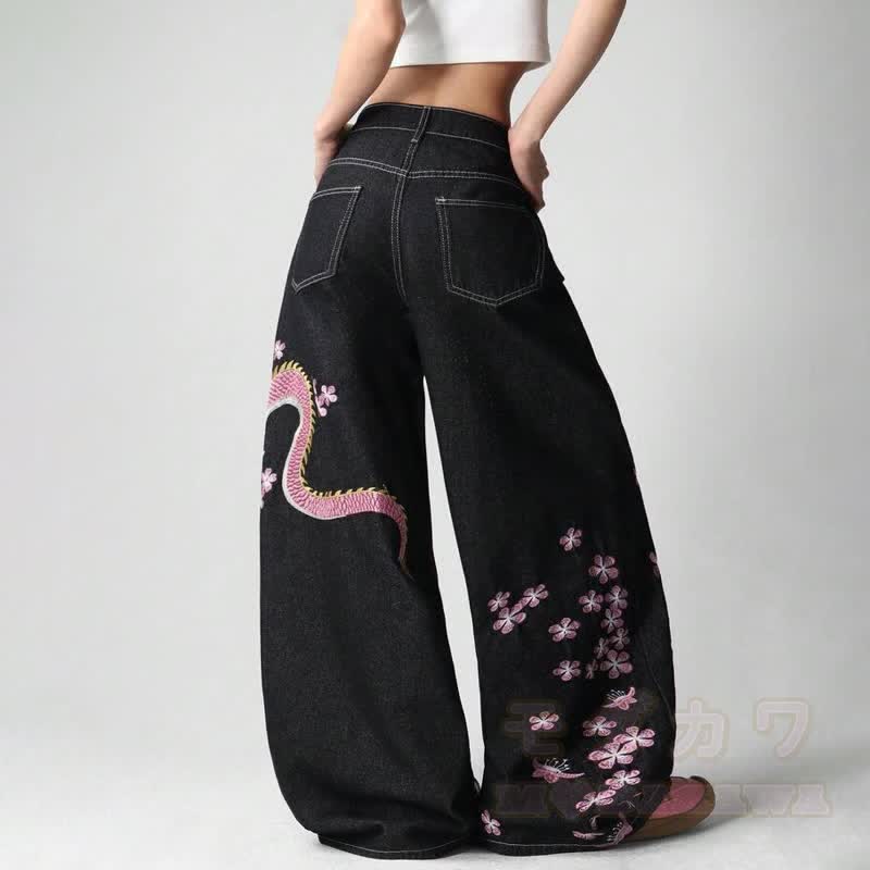 Vintage Dragon Floral Print Wide Leg Denim Jeans - image 3