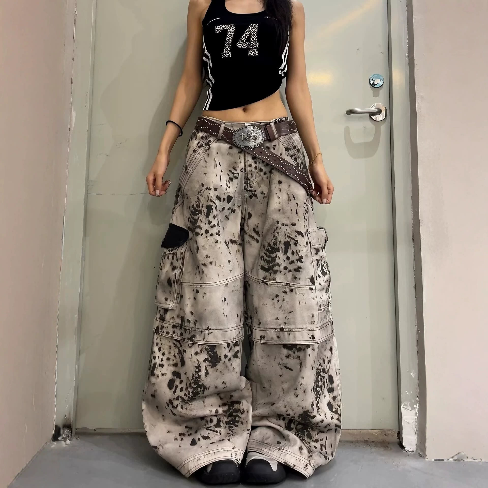 Vintage Leopard Print Wide Leg Denim Pants - image 2