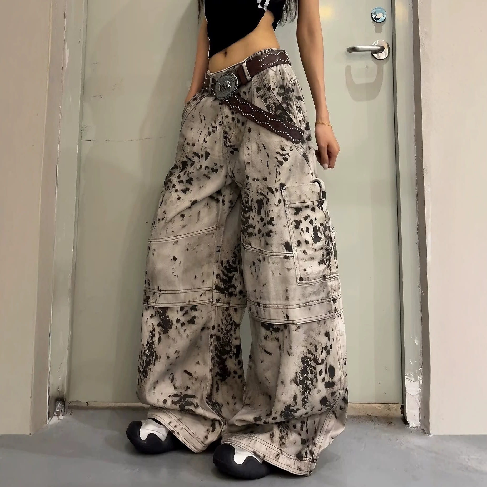 Vintage Leopard Print Wide Leg Denim Pants - Leopard print - 3XL - image 1