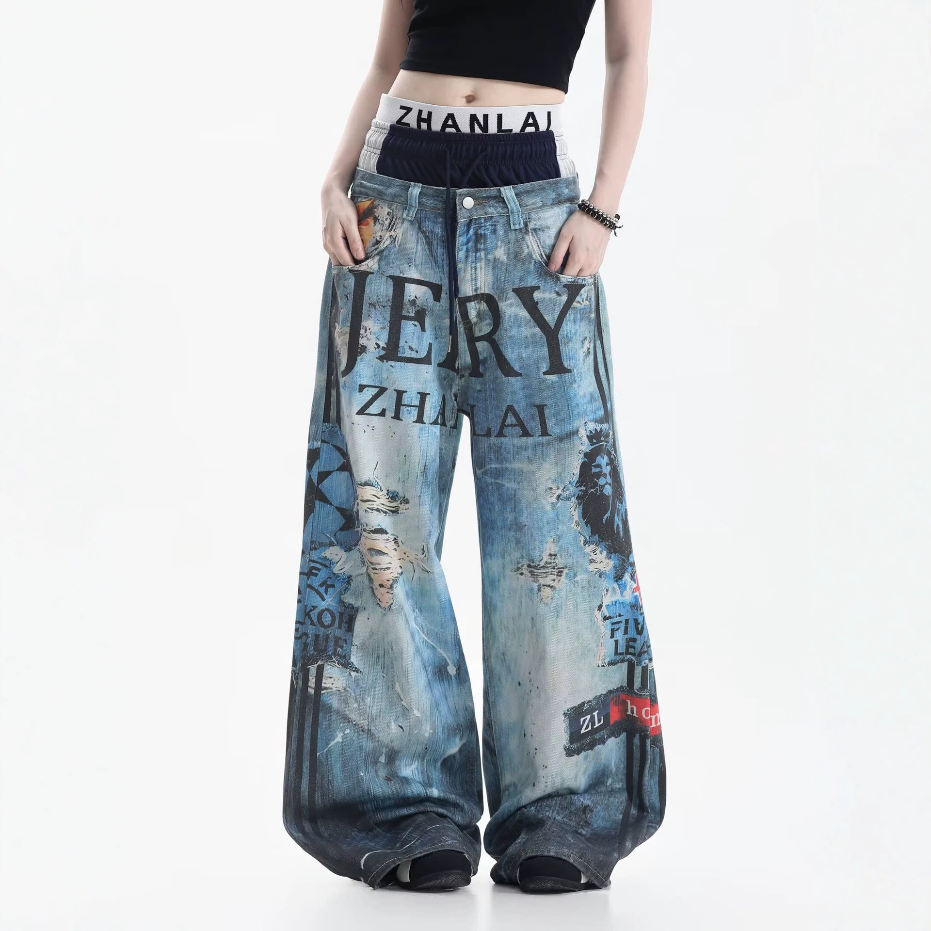 Y2K Streetwear Triple-Waistband Baggy Jeans - image 3