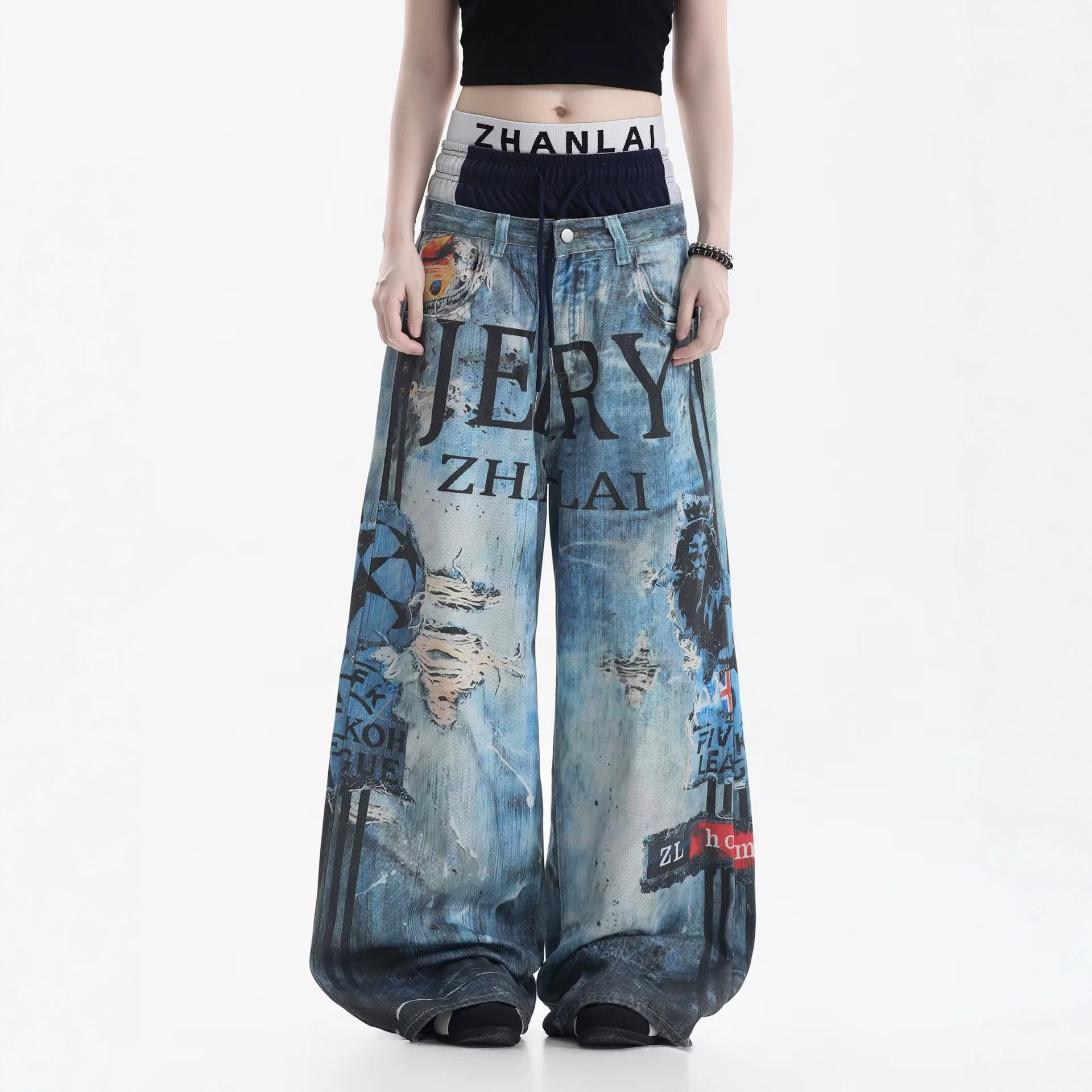 Y2K Streetwear Triple-Waistband Baggy Jeans - image 2