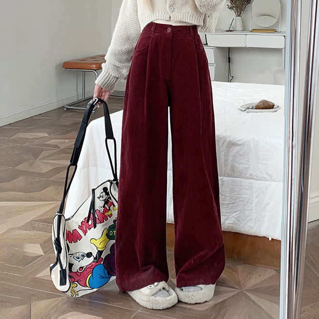 Casual Fleece-Lined Corduroy Wide Leg Pants - Red (Fleece-Lined) - XL - image 6