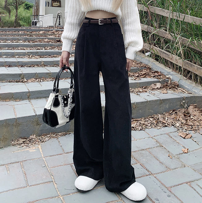 Casual Fleece-Lined Corduroy Wide Leg Pants - Black (Fleece-Lined) - XL - image 4