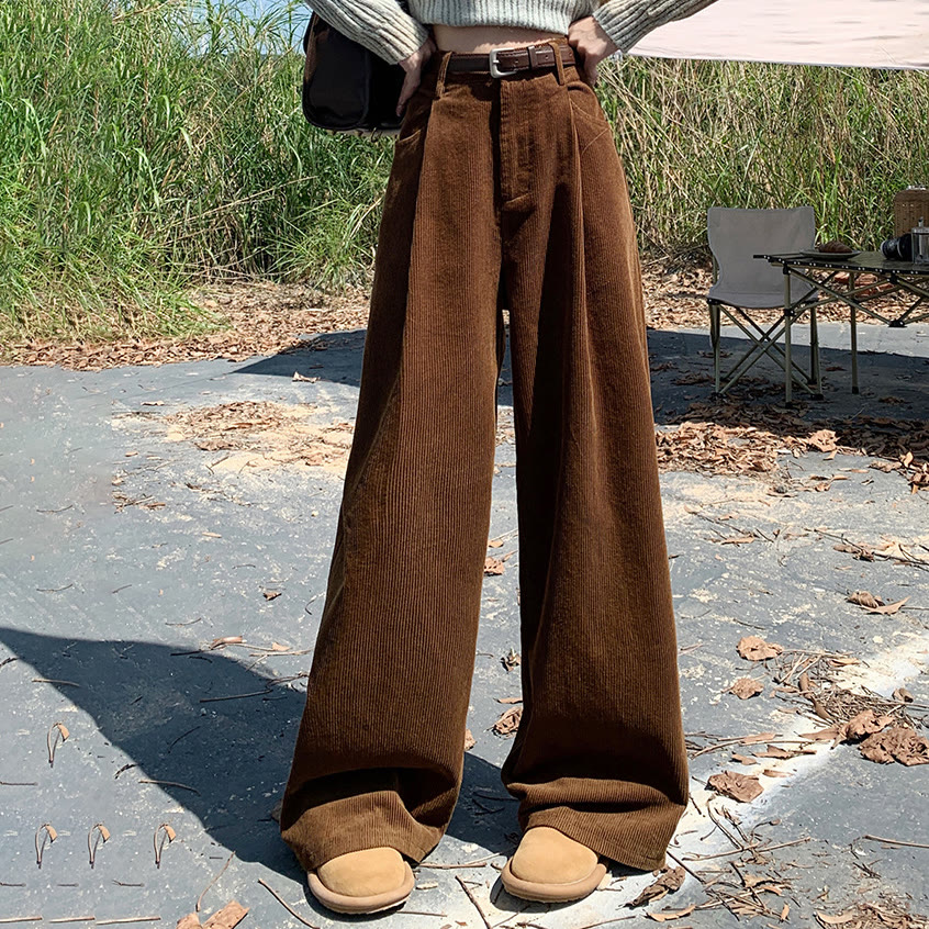 Casual Fleece-Lined Corduroy Wide Leg Pants - Brown (Fleece-Lined) - XL - image 1