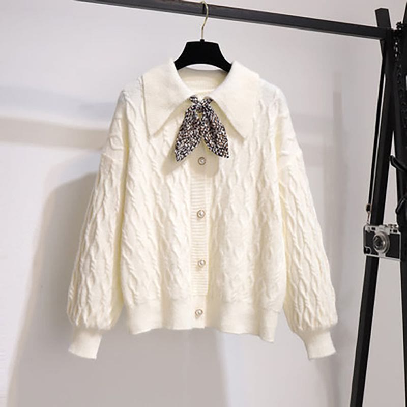 Maillard Knit Sweater and Plaid Skirt and Coat Three Pieces Set - Top - XL - image 3