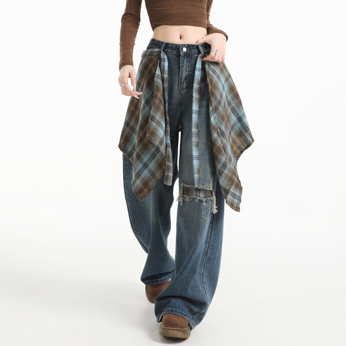 Vintage Wide Leg Ripped Jeans with Plaid Strap - image 2