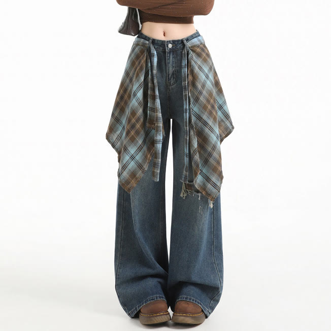 Vintage Wide Leg Ripped Jeans with Plaid Strap - Blue Pants with Plaid Strap - 2XL - image 1
