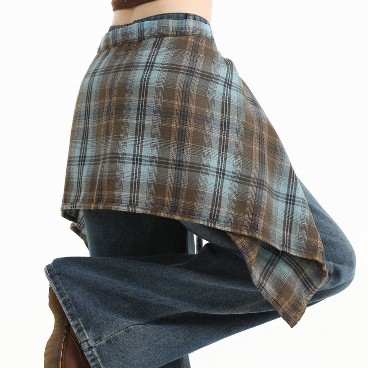 Vintage Wide Leg Ripped Jeans with Plaid Strap - image 8