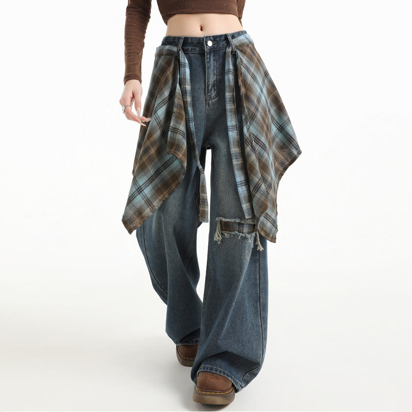 Vintage Wide Leg Ripped Jeans with Plaid Strap - image 5