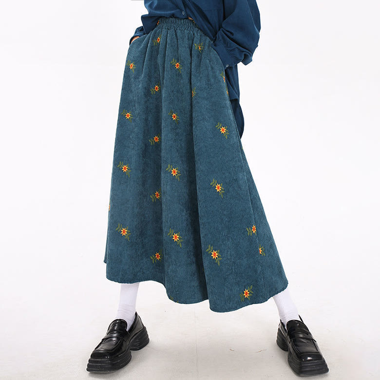 Vintage Floral Embroidered Corduroy Skirt - Green - 5XL - image 1