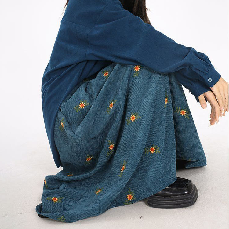 Vintage Floral Embroidered Corduroy Skirt - image 2