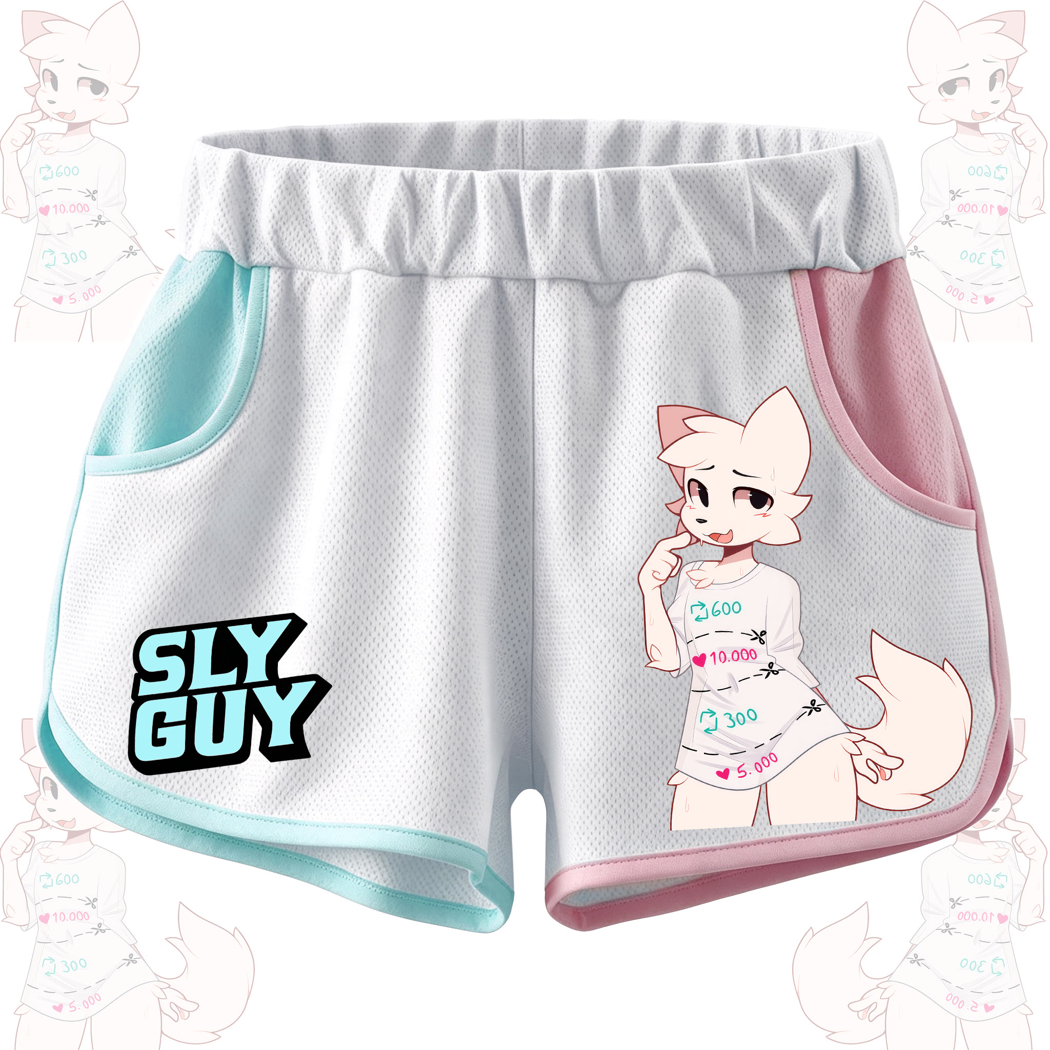 MODAKAWA X zarckets SLY GUY Cute Anime Fox Print Casual Shorts - Mint Green & Pink - 5XL - image 1