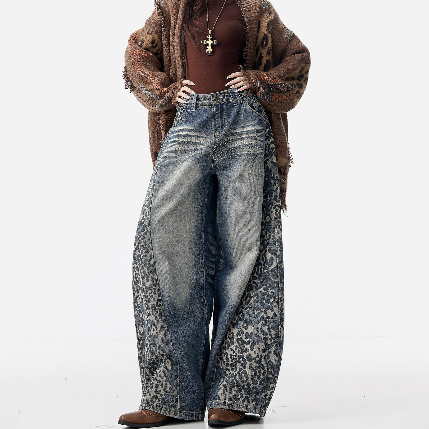 Vintage Leopard Print Wide Leg Jeans - image 3