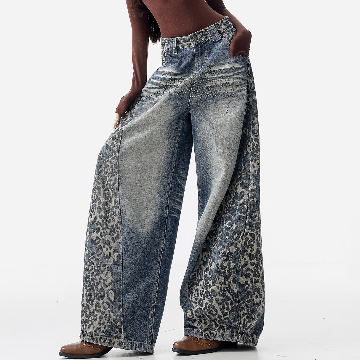 Vintage Leopard Print Wide Leg Jeans - image 2