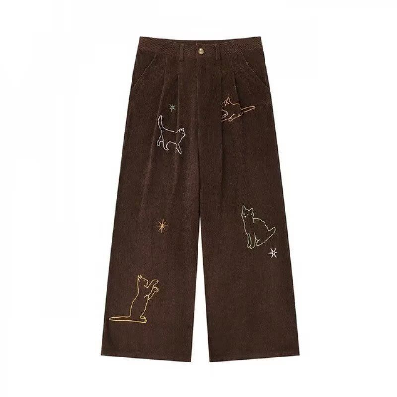 Cute Embroidered Cat Corduroy Wide Leg Pants - image 2