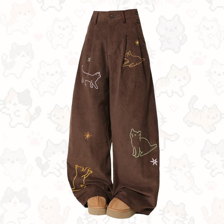 Cute Embroidered Cat Corduroy Wide Leg Pants - Brown - 3XL - image 1