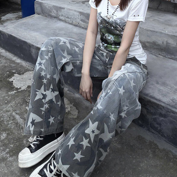 Y2K Star Print Camo Wide Leg Jeans - Camo - XL - image 1