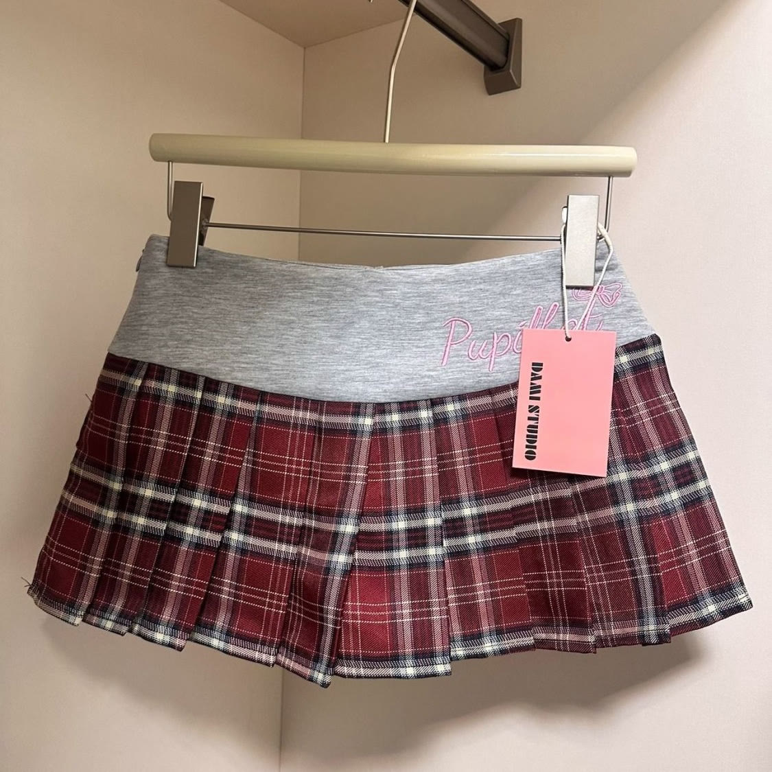 Y2K Embroidered Plaid Pleated Mini Skirt - Red - XL - image 2