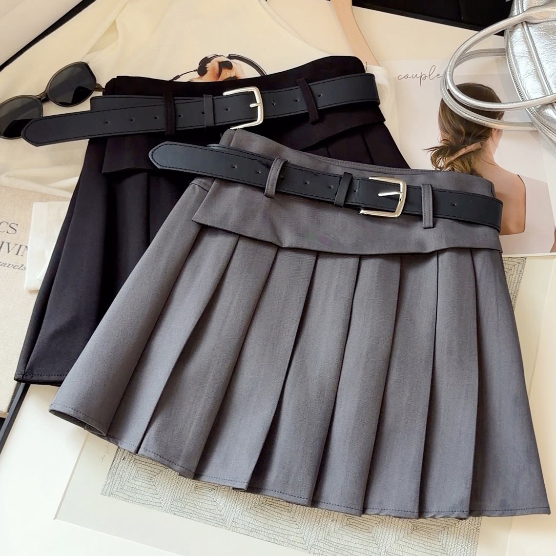 Preppy Pleated Mini Skirt with Belt - image 1