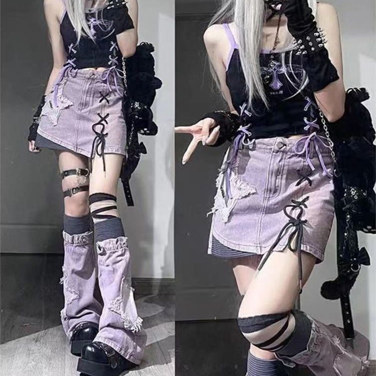 Purple Star Print Denim Skirt and Leg Warmers Two Pieces Set - image 2