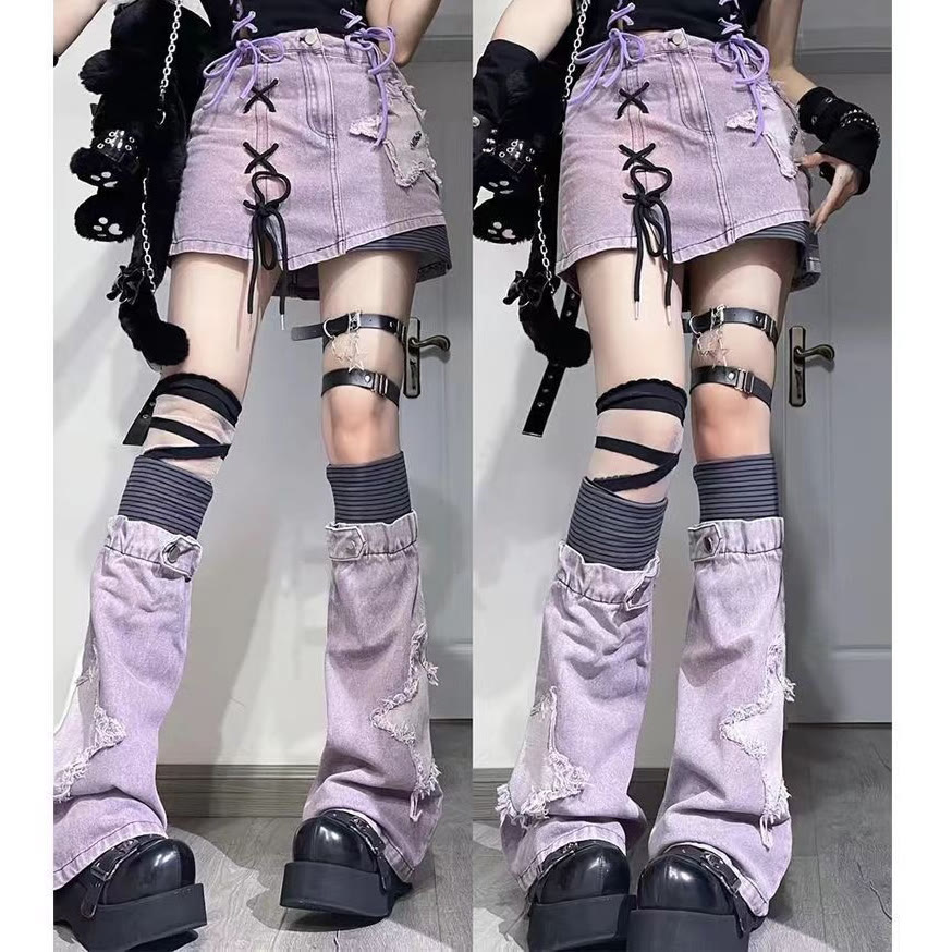 Purple Star Print Denim Skirt and Leg Warmers Two Pieces Set - Set - XL - image 3