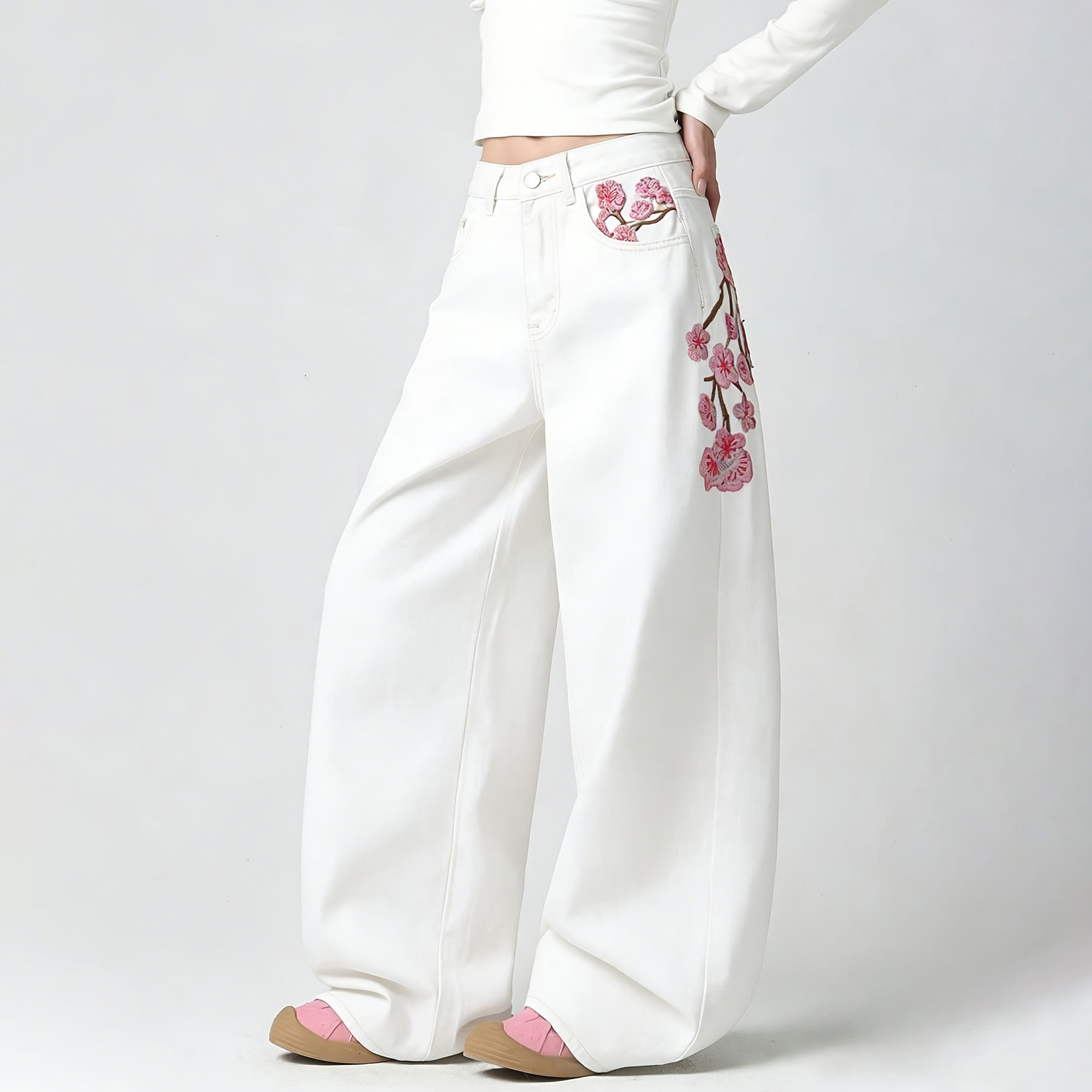 Modern Chinese Inspired Plum Blossom Embroidered Jeans - image 2