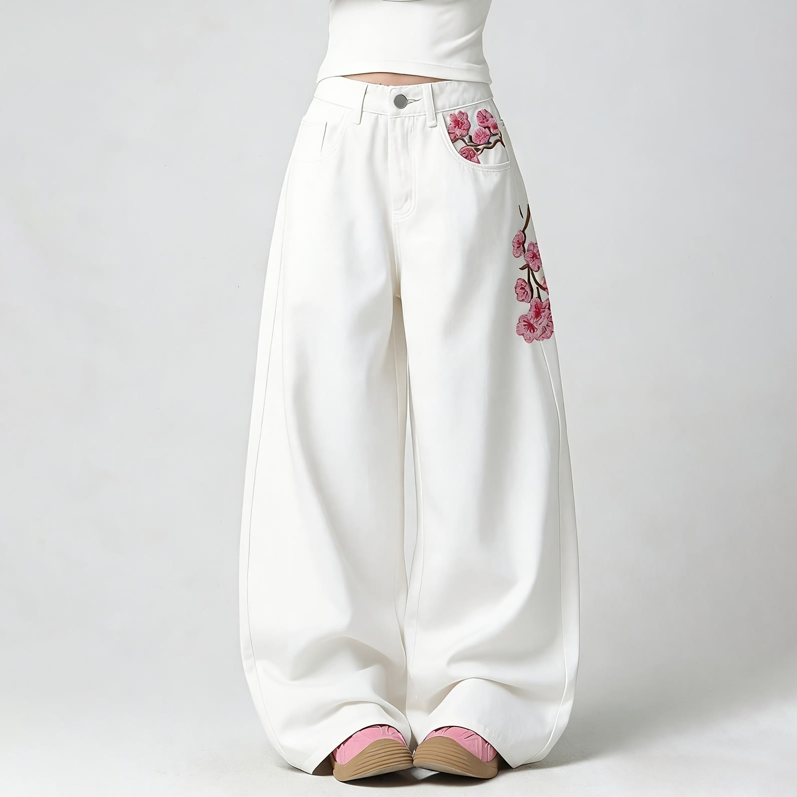 Modern Chinese Inspired Plum Blossom Embroidered Jeans - White - 2XL - image 1