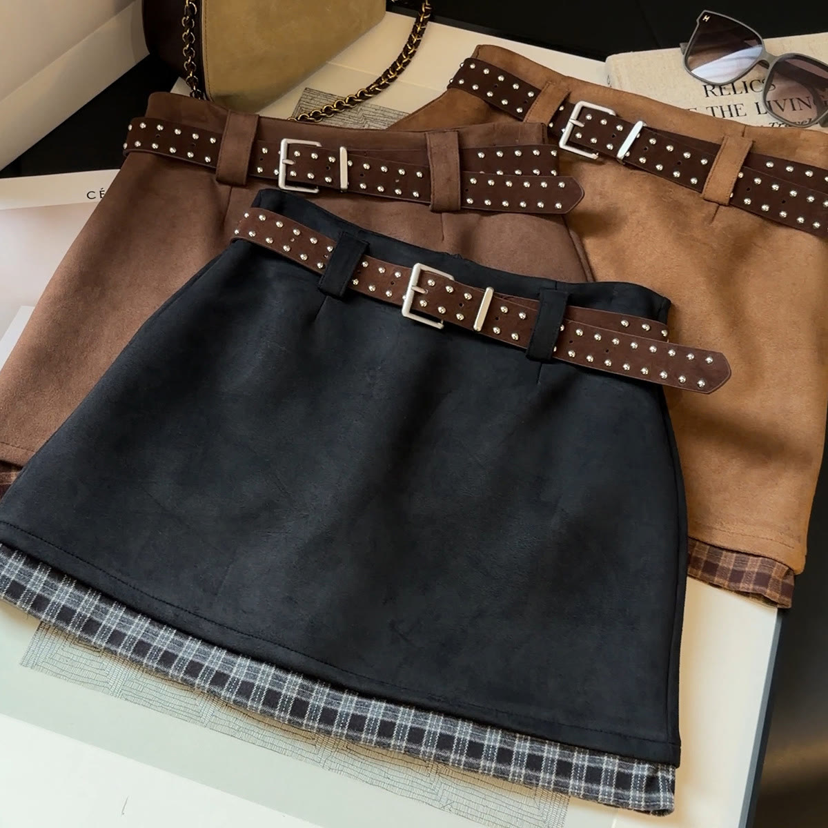 Vintage Plaid Contrast Suede Layered Skirt - image 2